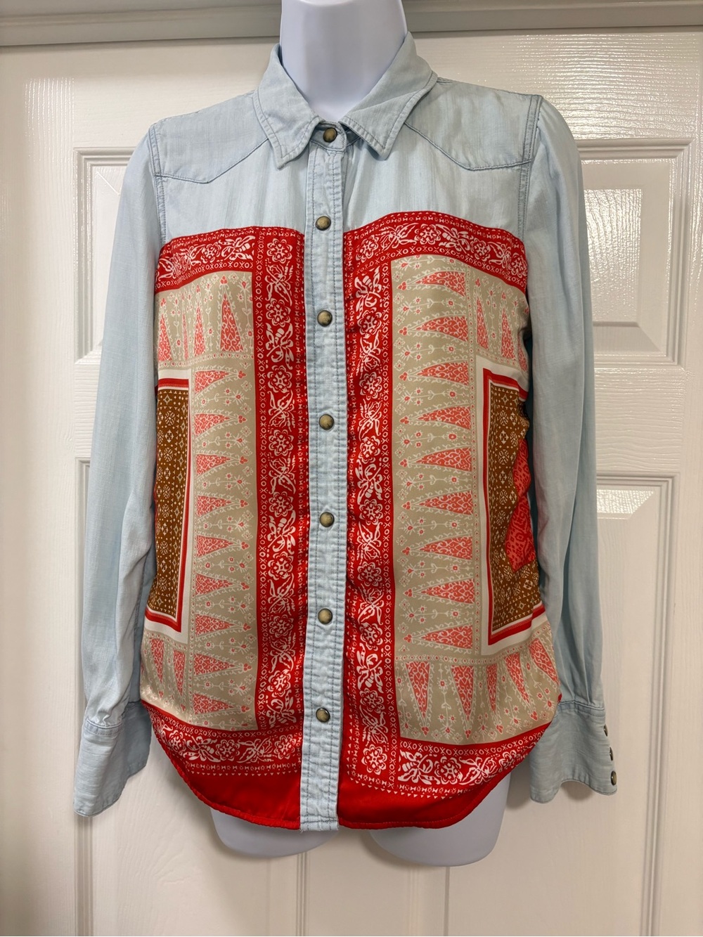 Lucky Brand Dixie western-style chambray shirt , a red and beige bandana print